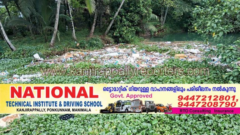 തോട്ടിൽ മാലിന്യങ്ങളും കുളവാഴകളും അടിഞ്ഞുകൂടിയ നിലയിൽ